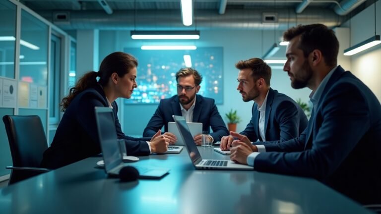 صورة تظهر مكتب حديث مع استخدام التكنولوجيا الرقمية وموظفين يتناقشون
