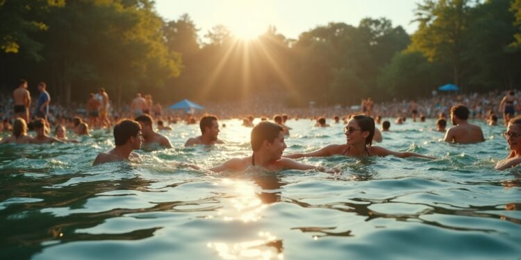 People swimming and relaxing at a crowded lake during a heatwave in Germany.