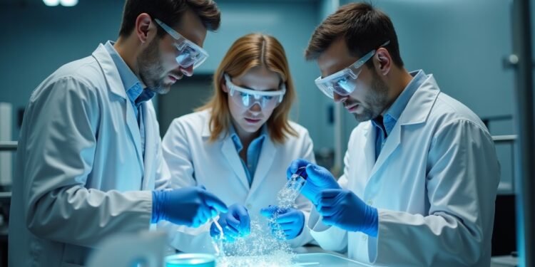 مشهد لمختبر علمي حيث يعمل العلماء على دراسة المواد الجينية