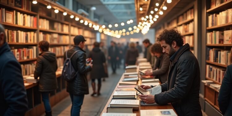 معرض الكتاب في فرانكفورت مع زوار وتوزيع كتب
