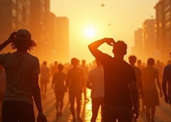 Scene depicting people outdoors in extreme heat, showing the impact of high temperatures on daily urban life