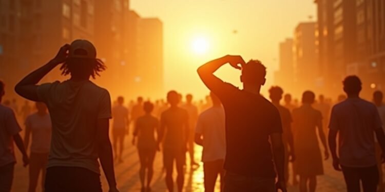 Scene depicting people outdoors in extreme heat, showing the impact of high temperatures on daily urban life