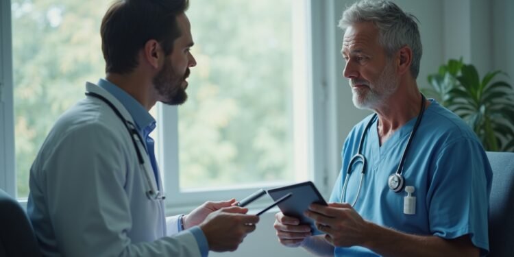 Healthcare professional explaining testosterone therapy to a male patient