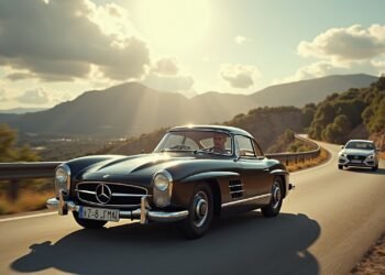 صورة لسيارة مرسيدس بنز التاريخية على الطريق في إسبانيا