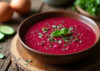 A cold beetroot soup dish garnished with fresh herbs, surrounded by ingredients.