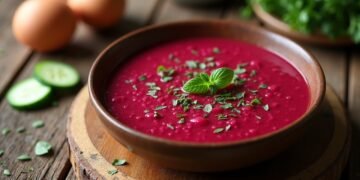 A cold beetroot soup dish garnished with fresh herbs, surrounded by ingredients.