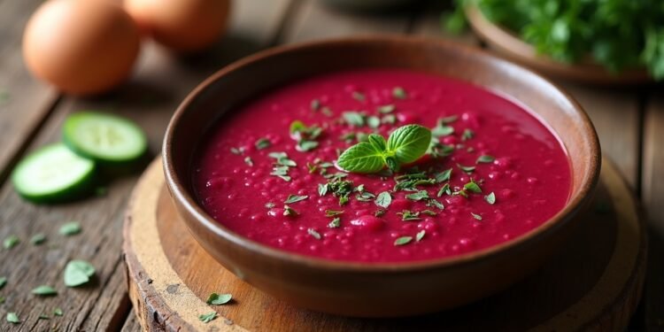 A cold beetroot soup dish garnished with fresh herbs, surrounded by ingredients.