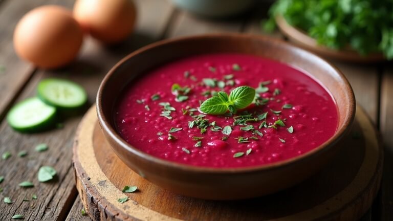 A cold beetroot soup dish garnished with fresh herbs, surrounded by ingredients.