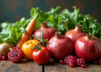 Fresh fruits and vegetables including pomegranates and leafy greens arranged on a wooden table.