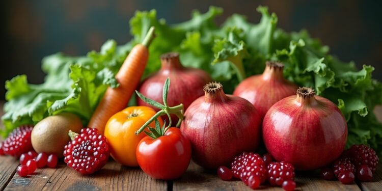 Fresh fruits and vegetables including pomegranates and leafy greens arranged on a wooden table.