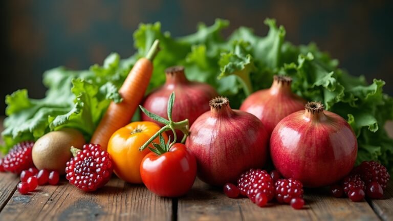 Fresh fruits and vegetables including pomegranates and leafy greens arranged on a wooden table.