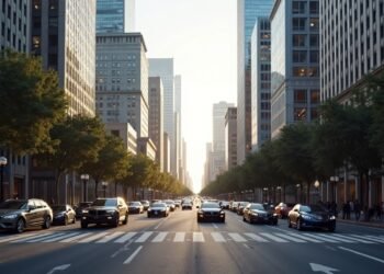 صورة توثق منطقة مالية نابضة بالحياة في كاليفورنيا مع ناطحات السحاب والمركبات الفاخرة