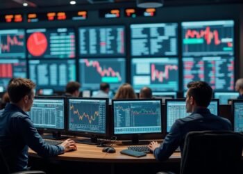 A busy trading floor depicting the mixed European stock market environment with traders analyzing stock performance.