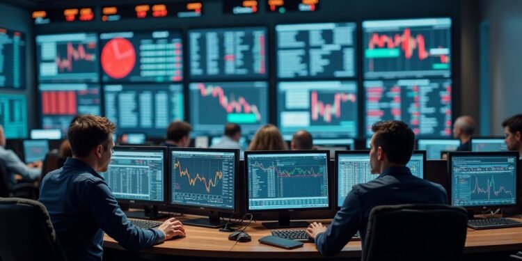 A busy trading floor depicting the mixed European stock market environment with traders analyzing stock performance.