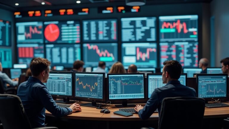 A busy trading floor depicting the mixed European stock market environment with traders analyzing stock performance.