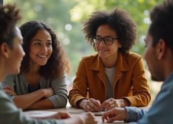 A group of young adults discussing relationship choices in a natural setting.