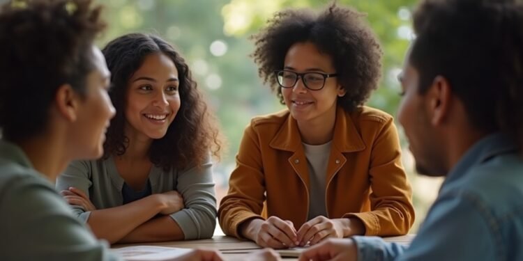 A group of young adults discussing relationship choices in a natural setting.