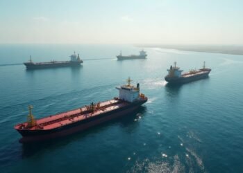 An oil tanker navigating through the Strait of Hormuz, highlighting its strategic importance in global oil trade.