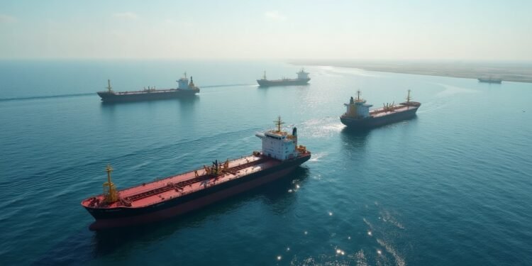 An oil tanker navigating through the Strait of Hormuz, highlighting its strategic importance in global oil trade.