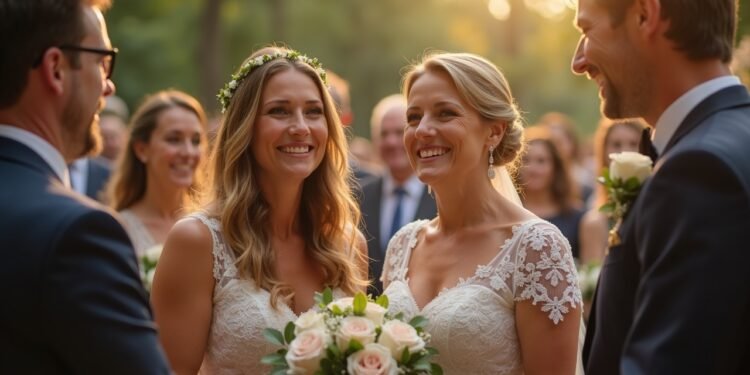 A wedding ceremony in Germany with couples, symbolizing changing marriage trends.