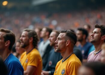 A group of people watching a football match with visible expressions of concern in the crowd.
