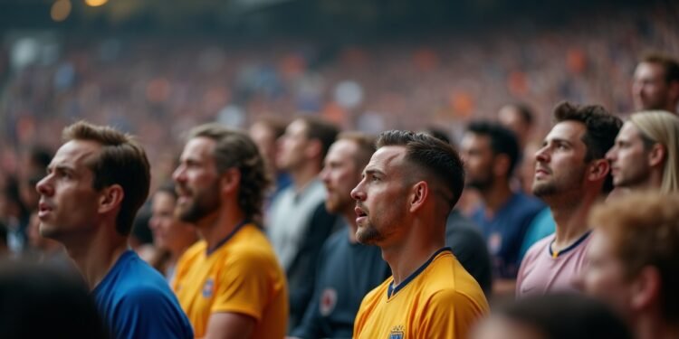 A group of people watching a football match with visible expressions of concern in the crowd.