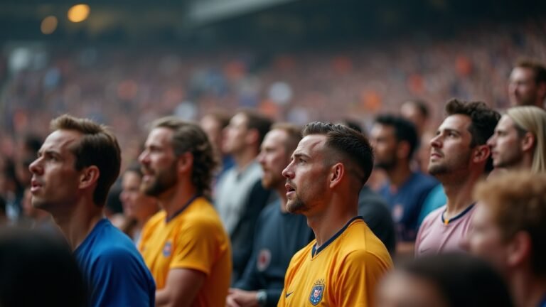 A group of people watching a football match with visible expressions of concern in the crowd.