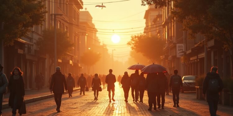 A busy street in Germany during a heatwave, with people looking for shade and cooler areas.