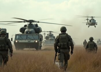 German soldiers participating in a military exercise with military vehicles and helicopters