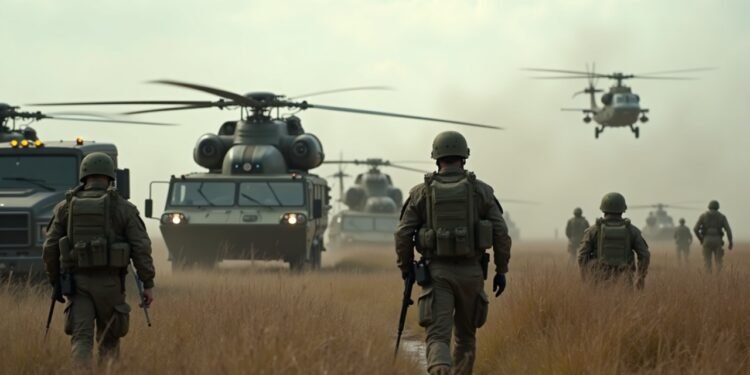German soldiers participating in a military exercise with military vehicles and helicopters