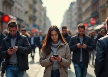 مشهد لشارع مزدحم في مدينة مع أشخاص يستخدمون هواتفهم الذكية