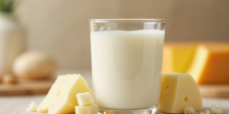 A glass of whole milk surrounded by various dairy products.