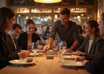 A scene inside a Swiss restaurant showing customers leaving tips on tables, capturing the essence of tipping culture in Switzerland.