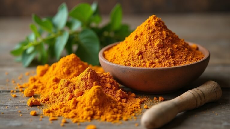 مكونات طبيعية من الكركم والقومرينة مع بعض الأعشاب على طاولة خشبية طبيعية