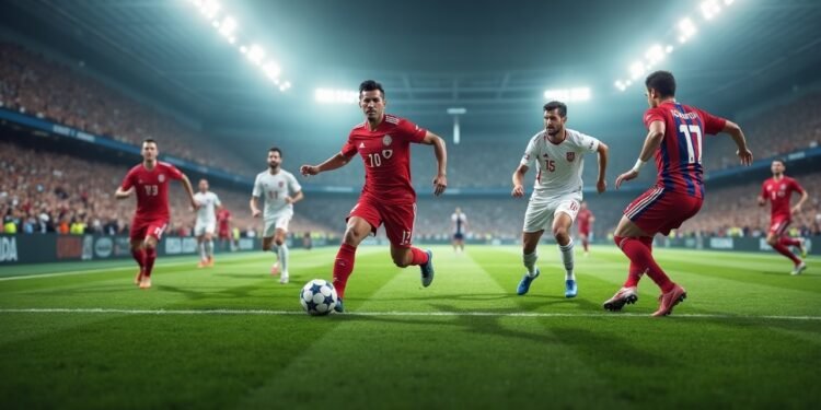 صورة لمباراة لكرة القدم خلال كأس العالم 2026، تُظهر الفرق المتنافسة مع وجود مشجعين متحمسين في الملاعب.
