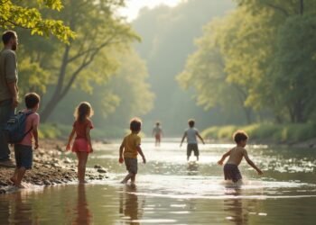 Children near a river supervised by parents to prevent drowning incidents.