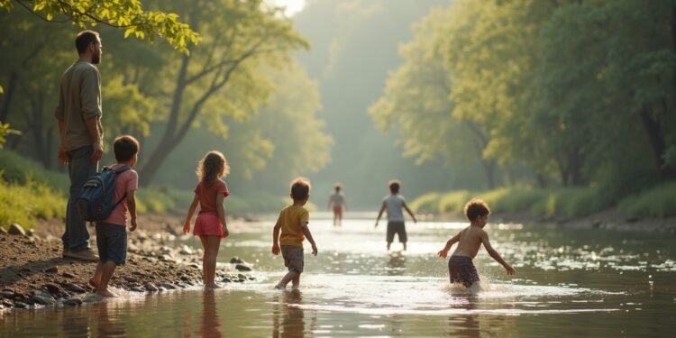 Children near a river supervised by parents to prevent drowning incidents.