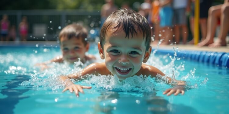 Children swimming under supervision at a public pool, focusing on safety measures