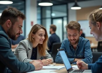 مشهد لحركة نشطة في بيئة الشركات الناشئة بألمانيا مع رواد أعمال متنوعين يستخدمون تكنولوجيا متقدمة.