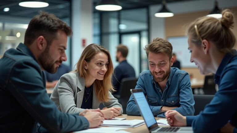 مشهد لحركة نشطة في بيئة الشركات الناشئة بألمانيا مع رواد أعمال متنوعين يستخدمون تكنولوجيا متقدمة.