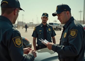 صورة واقعية للتحكم في الهجرة عند نقطة حدودية، تظهر الضباط يفحصون الوثائق.