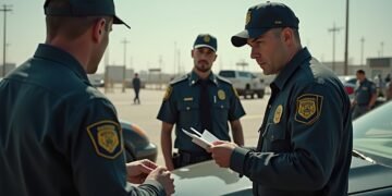 صورة واقعية للتحكم في الهجرة عند نقطة حدودية، تظهر الضباط يفحصون الوثائق.