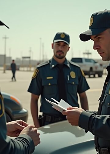 صورة واقعية للتحكم في الهجرة عند نقطة حدودية، تظهر الضباط يفحصون الوثائق.