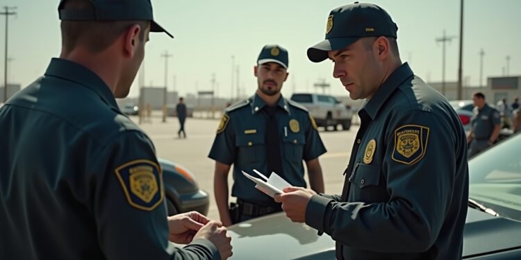صورة واقعية للتحكم في الهجرة عند نقطة حدودية، تظهر الضباط يفحصون الوثائق.