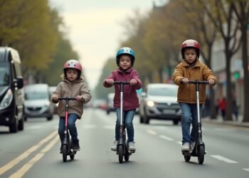 Children cautiously riding e-scooters in a busy street with proper safety gear.