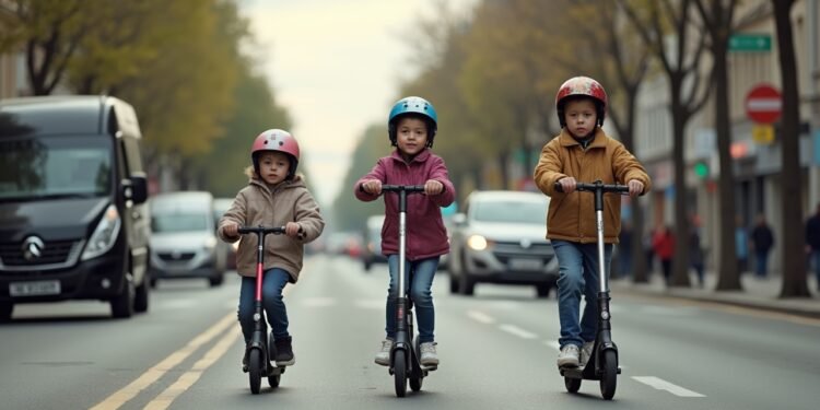 Children cautiously riding e-scooters in a busy street with proper safety gear.